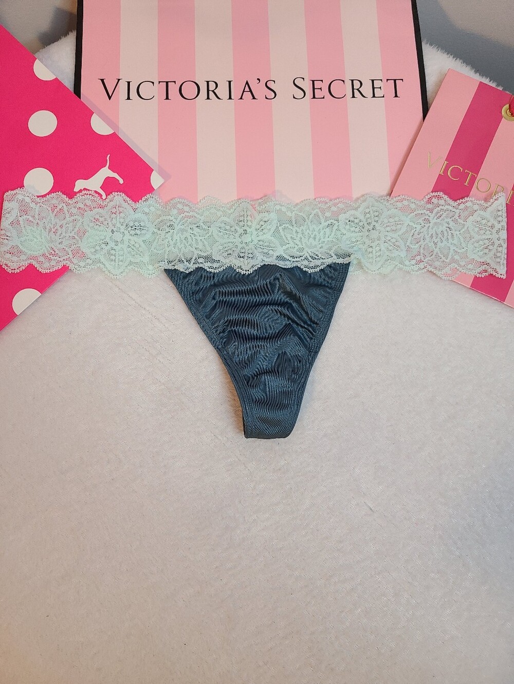 Rare Retired VS PINK Silky Satin Lace Waist Classic Thong Panty Size M